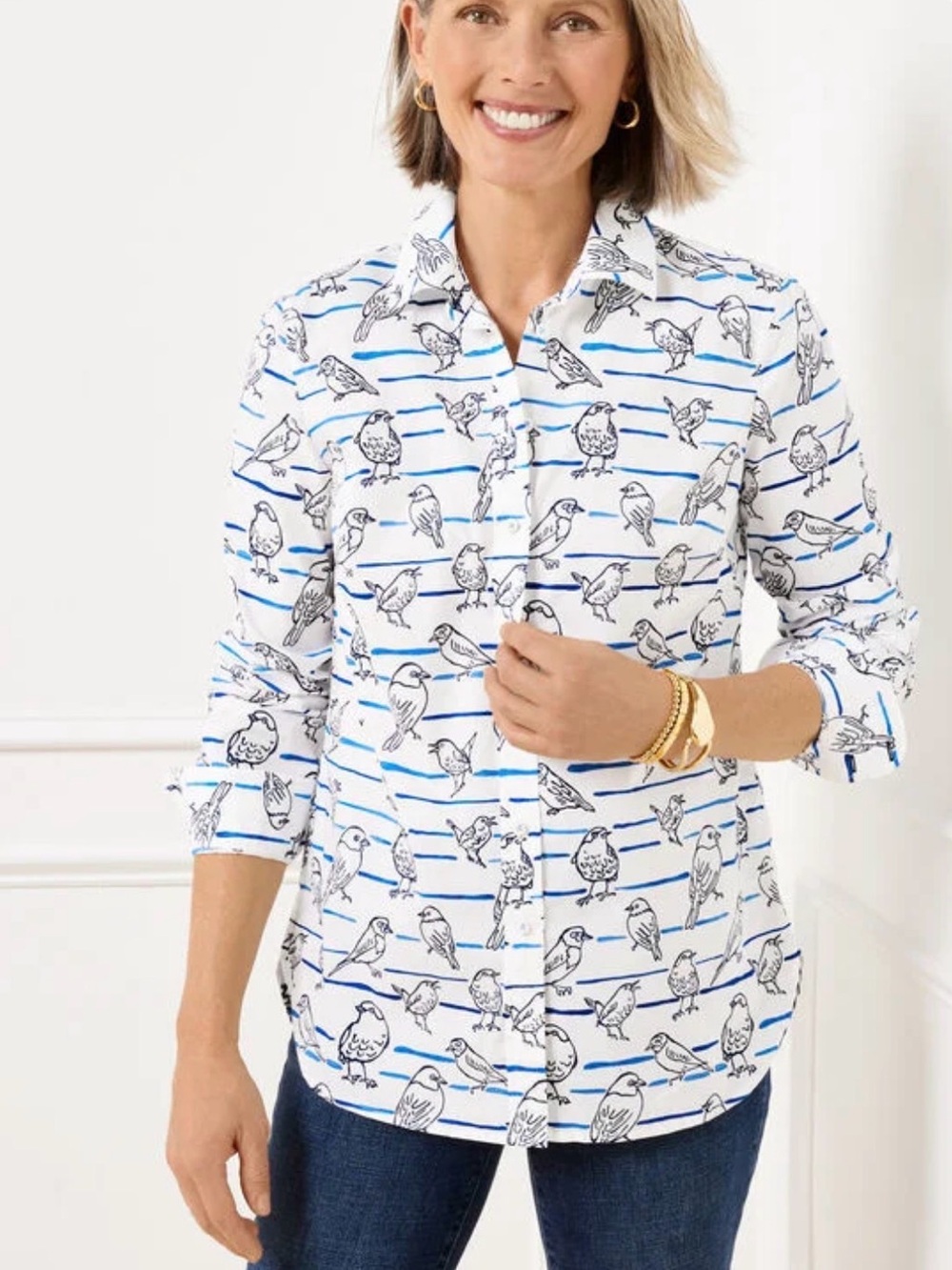 Talbots Women’s Bird Print Button Down Shirt 100% Cotton Blue White Medium New